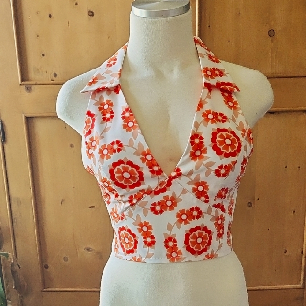 SHEIN Floral  Halter Top Orange And White Size S